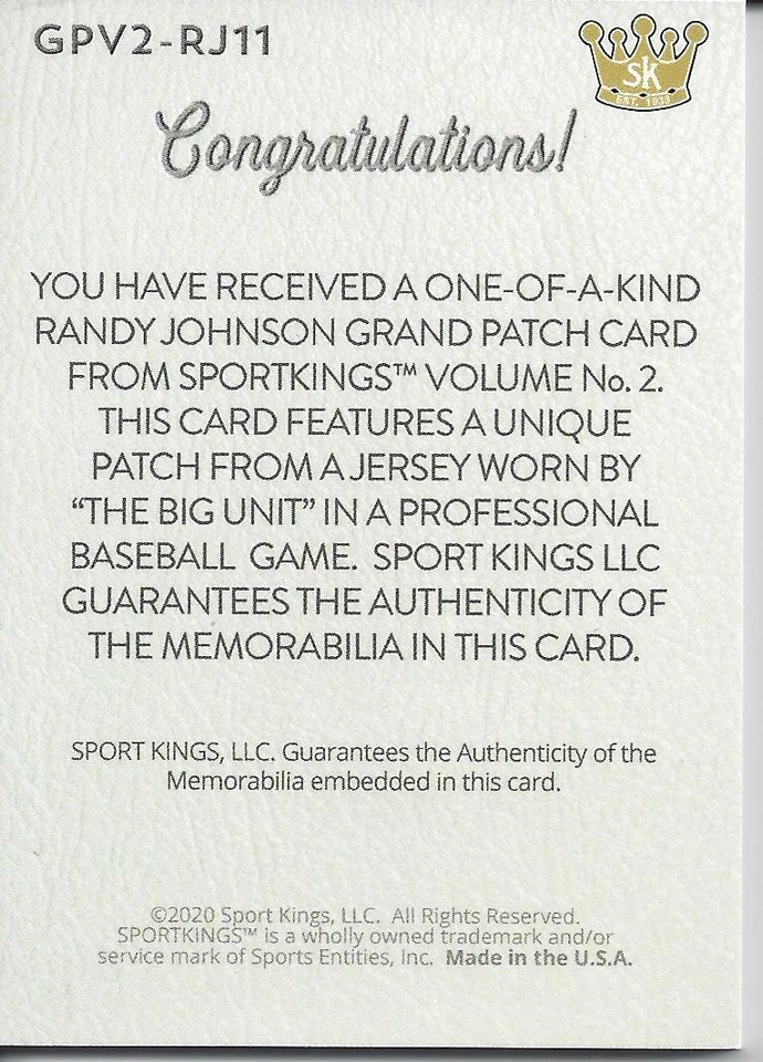 RANDY JOHNSON 2021 SPORTKINGS VOLUME 2 GRAND PATCHES TEAM JERSEY LOGO "E" 1/1 - Image 2 of 2