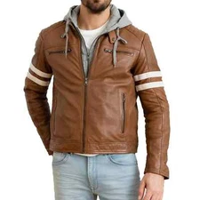 MEN VINTAGE TAN BROWN GENUINE LEATHER JACKET DISTRESSED MOTORCYCLE BIKER JACKET