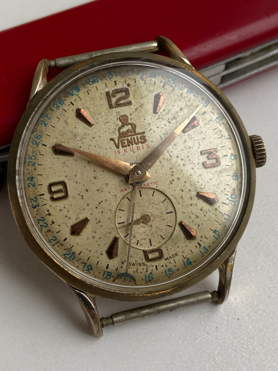 Vintage RARE Men Wrist Watch VENUS 19 RUBIS SWISS GOLD PL G