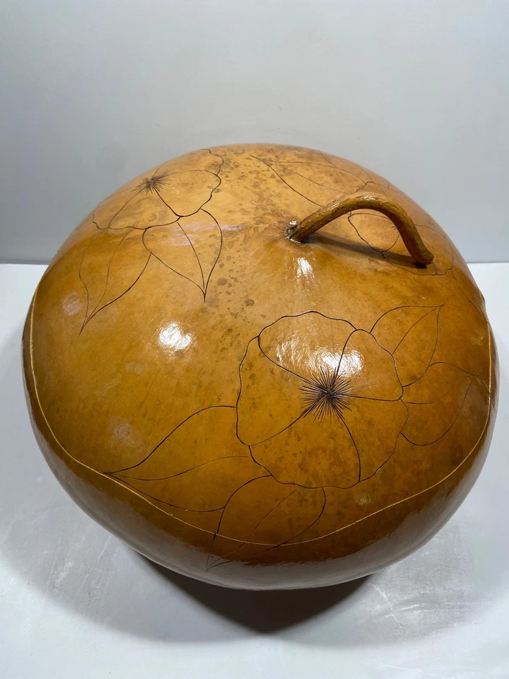 Large Gourd Bowl with Lid 16” Handcarved Etched Flowers Leaves Huge - Image 3 of 4