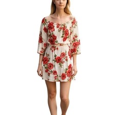BLUSH Off Shoulder Floral Mini Dress Red Roses Smocked Waist Bohemian Size S