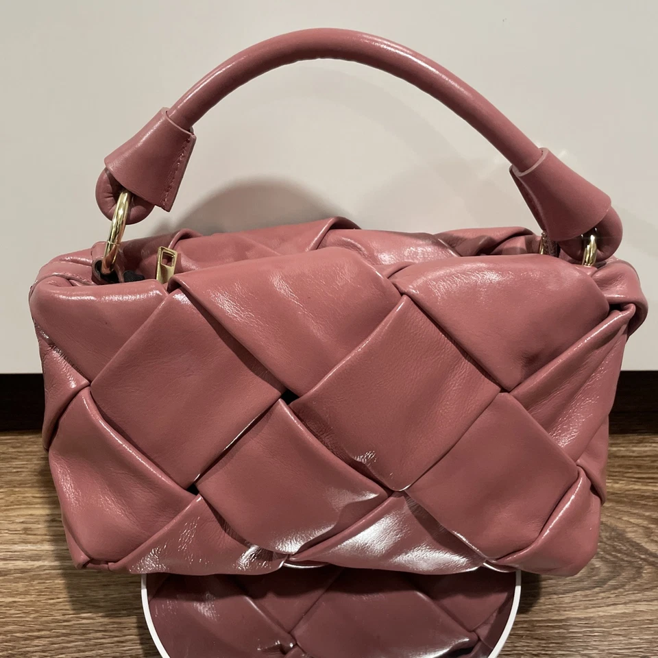 Cartera Bandolera Tejida Valentina Fiore Rosa Rubor Cuero Hecha a Mano en Italia Foto 3 de 4