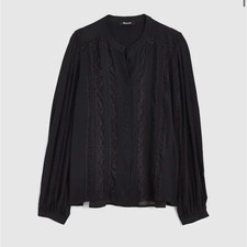 Lace-Insert Button-Up Long-Sleeve Top
