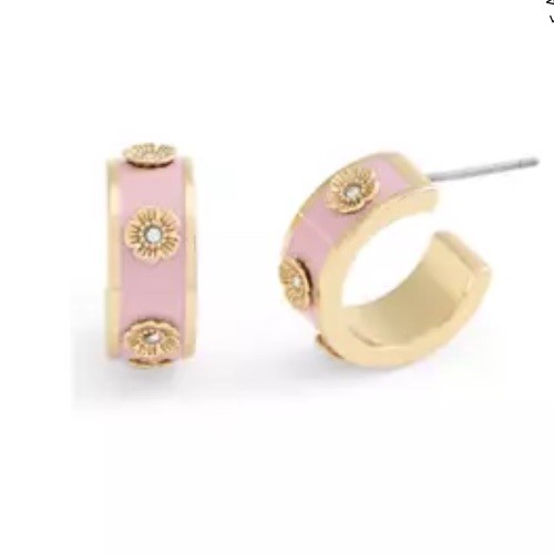 Coach Ny Siganture Faux Stone Tea Rose Enamel Huggie Hoop In Pink Gold Msrp $85