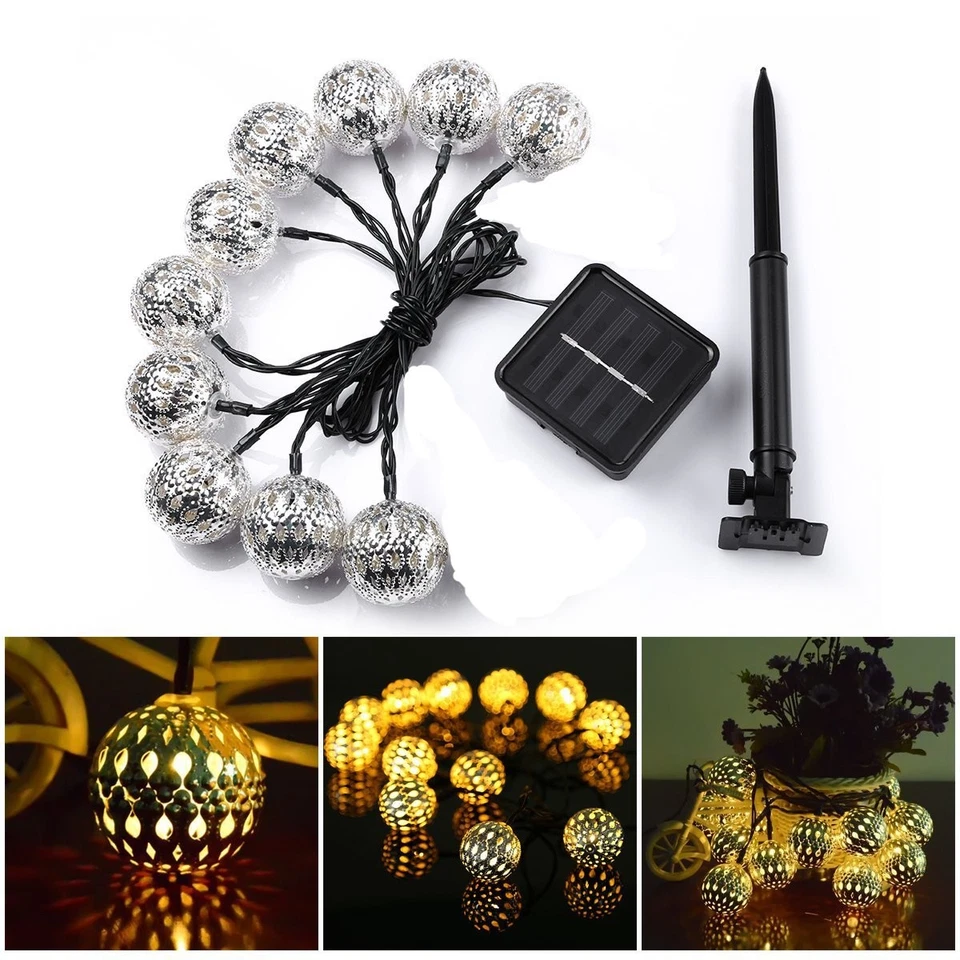 Cadena de luces LED de globo solar, 12 pies 10 LED bola de orbe marroquí, impermeable Amb... Foto 2 de 4