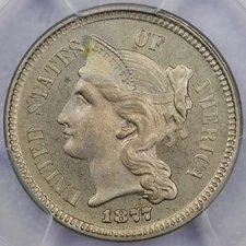 1877 Proof Three Cent Nickel , Low Mintage VF Key Date ++