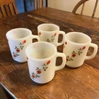 (4) VTG Anchor Hocking Milk Glass Coffee Mugs, Red Rose Pattern, Made In USA