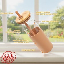 Tronco 16oz Glass Tumbler Iced Coffee Smoothie Cup Bamboo Lid Silicone Sleeve