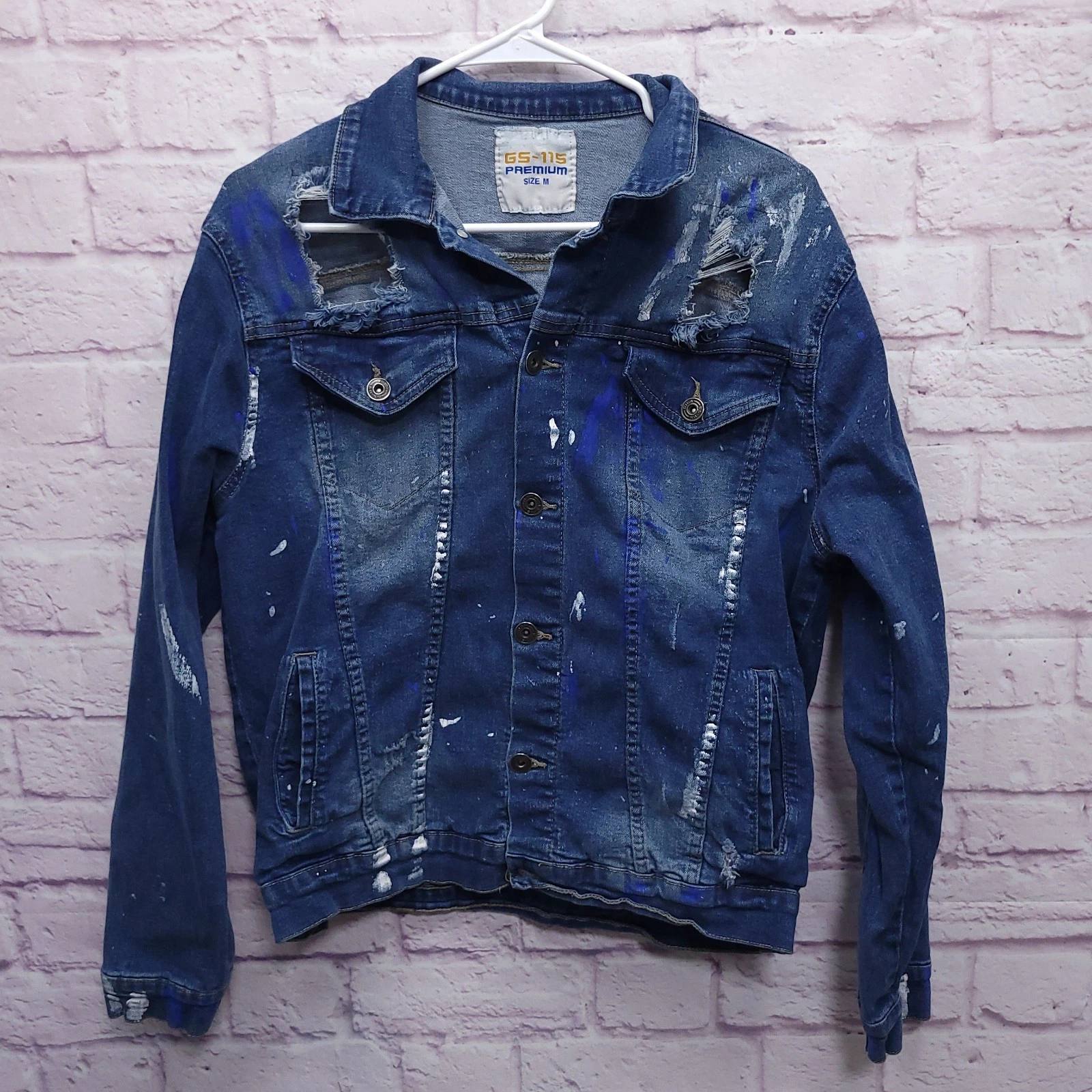 GS-115 Premium Distressed Denim Jacket Mens Medium Paint Splatter Skater Street