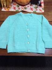 VINTAGE HANDMADE CHILD'S SWEATER SEA GREEN BUTTONS 18-24 MONTHS