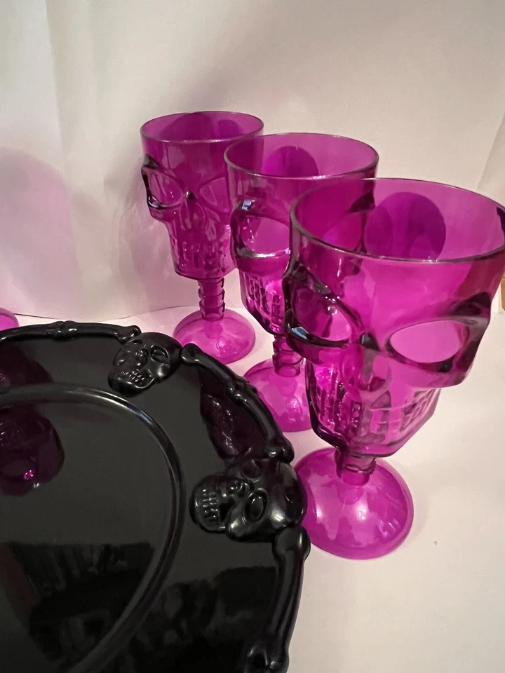 Skull Serving Platter & 6 Ghastly Goblet Cup Glass Plate Purple Halloween Party — 第 3/4 张图片