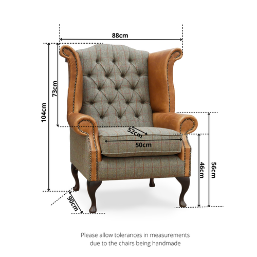Pair of Chesterfield Wing Back Chairs & Footstool in Tan Leather & Harris Tweed - Picture 4 of 8