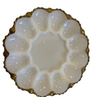 Milk Glass Deviled Egg Dish Gold Trim Anchor & Hocking Fire King  10" Mint
