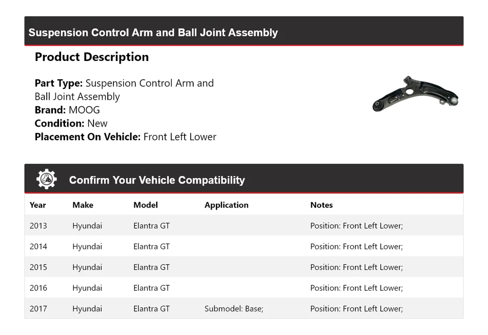 Brazo de control delantero izquierdo inferior MOOG 2013-2017 para Hyundai Elantra GT 2013-2017 Foto 2 de 4