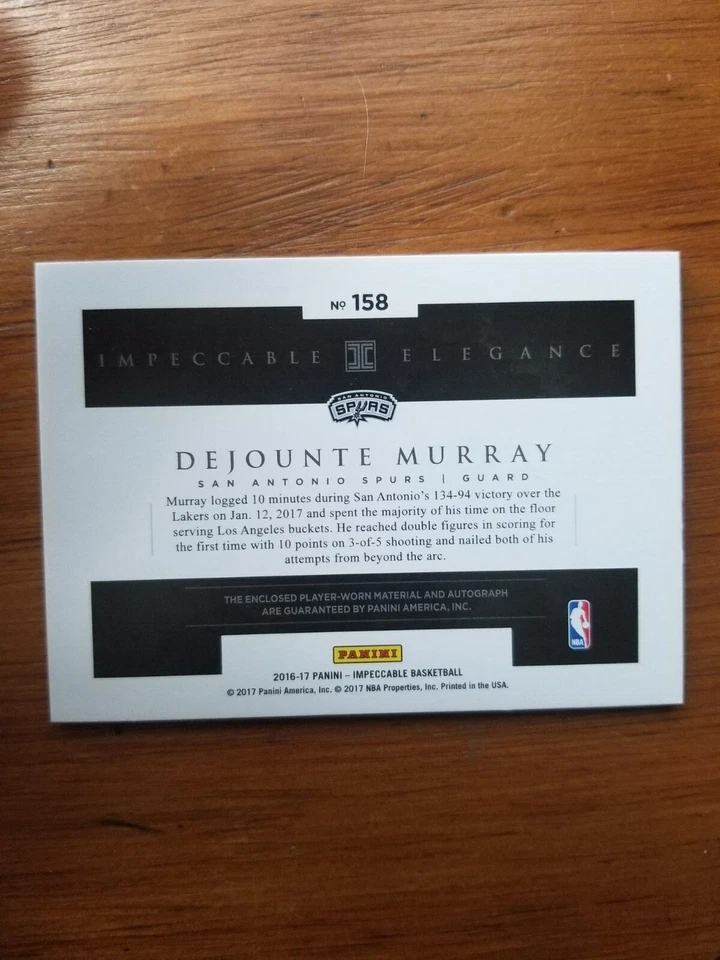 2016-17 Panini Impeccable Dejounte Murray RC Auto Jersey RPA Gold 01/10 Pelicans - Image 4 of 4