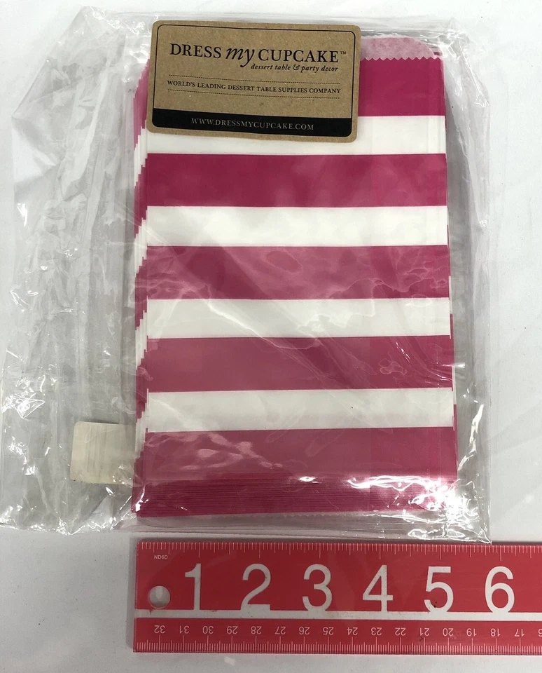Dress My Cupcake 50 Party Favor Paper Goody Bags rosa chiclete listras largas novo - Imagem 3 de 4