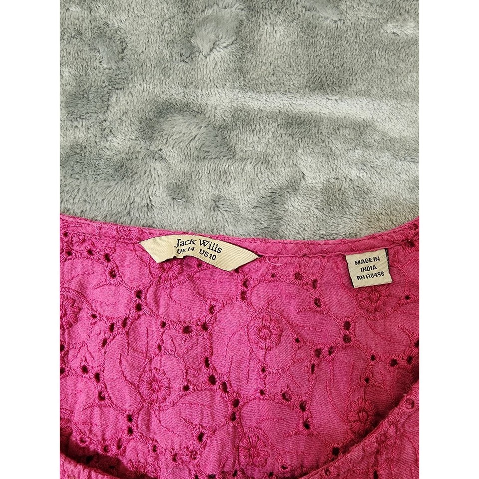 Jack Wills Floral Embroidered Eyelet Blouse Size 10 Pink Cuffed Short