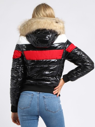 Womens Puffer Jacket Wet Look Faux Fur Coat Size 10 8 12 14 16 6 Black Red - Picture 7 of 10