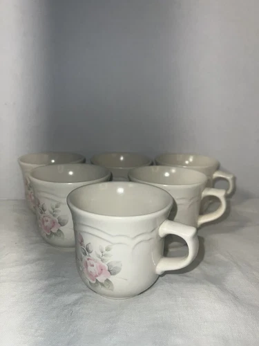 Pfaltzgraff Tea Rose Pattern, Set Of 6, Stoneware, 8 Oz Coffee Mugs Teacups