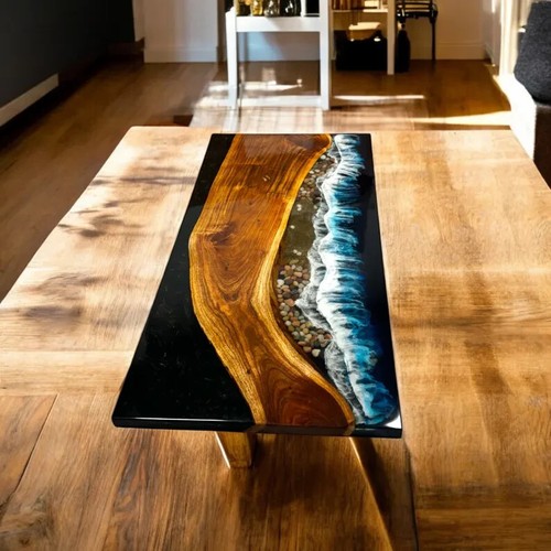 Ocean Wave Epoxy Resin Dining Table Countertop Live Edge Natural Acacia Wood Top - Picture 3 of 9