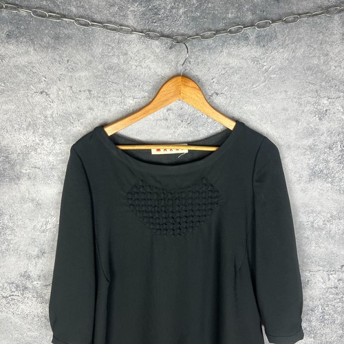 Marni Black Dress Women’s M/L 3/4 Sleeve Textured Heart Front Italy Designer - Picture 2 of 7