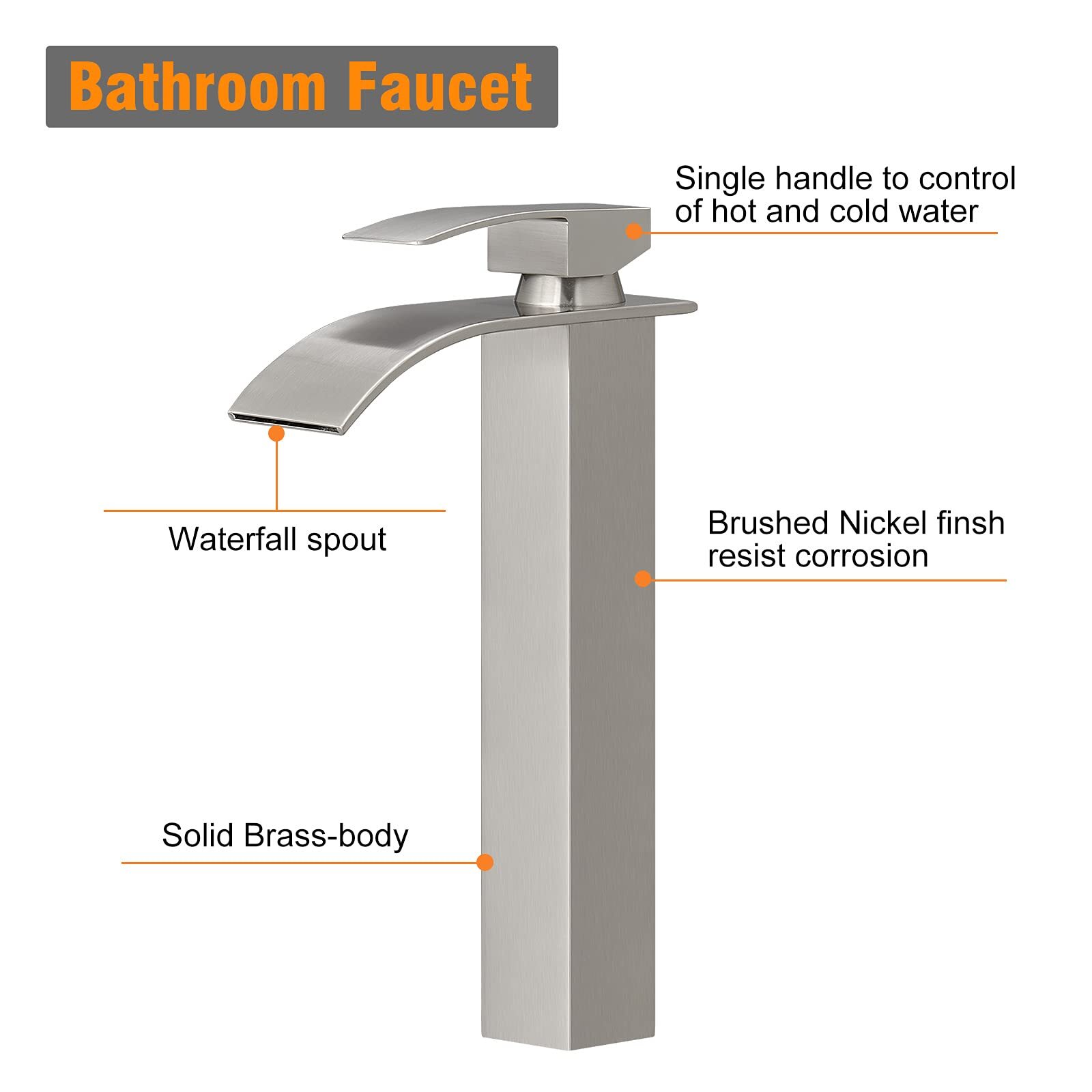 Waterfall Spout Brushed Nickel Bathroom Faucet, Tall Single Handle