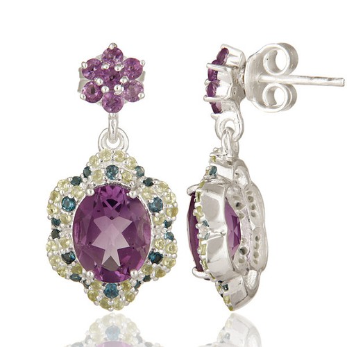 Oval & Round Amethyst Drop Earrings With Blue Topaz And Pave Citrine Gemstone - Picture 2 of 5