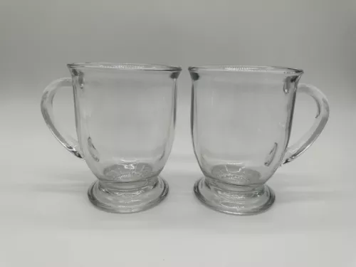 2 Vintage Anchor Hocking Coffee Mugs Footed Cafe Latte Mocha Clear Glass 16 oz
