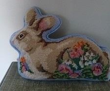 Vtg Lillian Vernon Wool Needlepoint Easter Bunny Rabbit Pillow 1990s Blue Velvet
