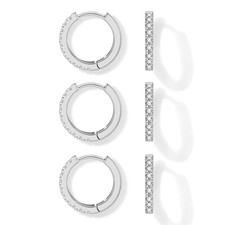 3 Pairs Small Silvertone Hoop Earrings for Women, 14K White Gold Plated Huggi...