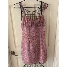 Nasty Gal Pink Floral Mini Dress Tie Shoulder Milkmaid Sz 4 Ruched Bust Summer