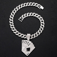 Men's Hip Hop Iced Out Poker Card Pendant Necklace   Gold  Silver Ace of Spades