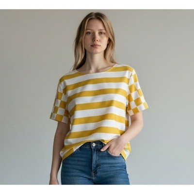 Imperial Italy Yellow White Striped Top Medium Boxy Short Sleeve Stretch Blouse