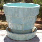 Vintage 1950's McCoy Pottery Turquoise Blue BASKETWEAVE 4.75" POT AND SAUCER NR