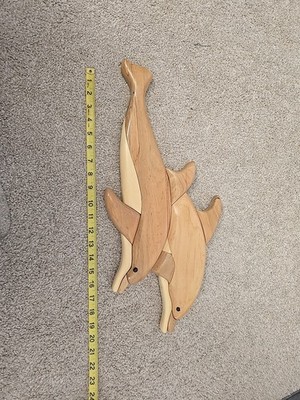 Intarsia Pair Of Wooden Dolphin Wall Art Pieces 22inch