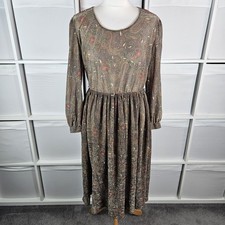Vintage Green Paisley Patterned Dress Size 14 Pleated A-Line Sheer Gold Floral