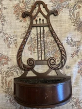 Antique Wooden Lyre (Harp) Mahogany Hanging Wall Pocket Planter Plant Pot Sconce