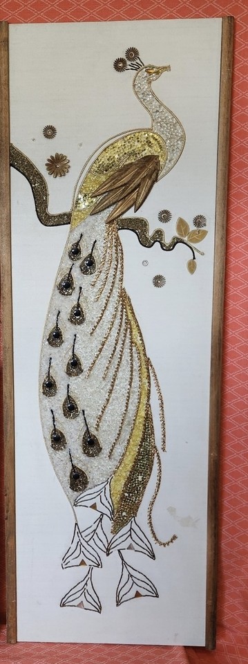 A monumental pair of 1960s gravel-and-pebble egret & peacock wall art panels at 36"x12" — the kind of large-scale MCM folk-craft that stops people in their tracks.