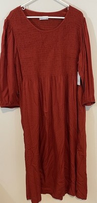 NEW Croft & Barrow Smocked maxi Dress Womens sz 2X rust Pockets textured 3/4 sl