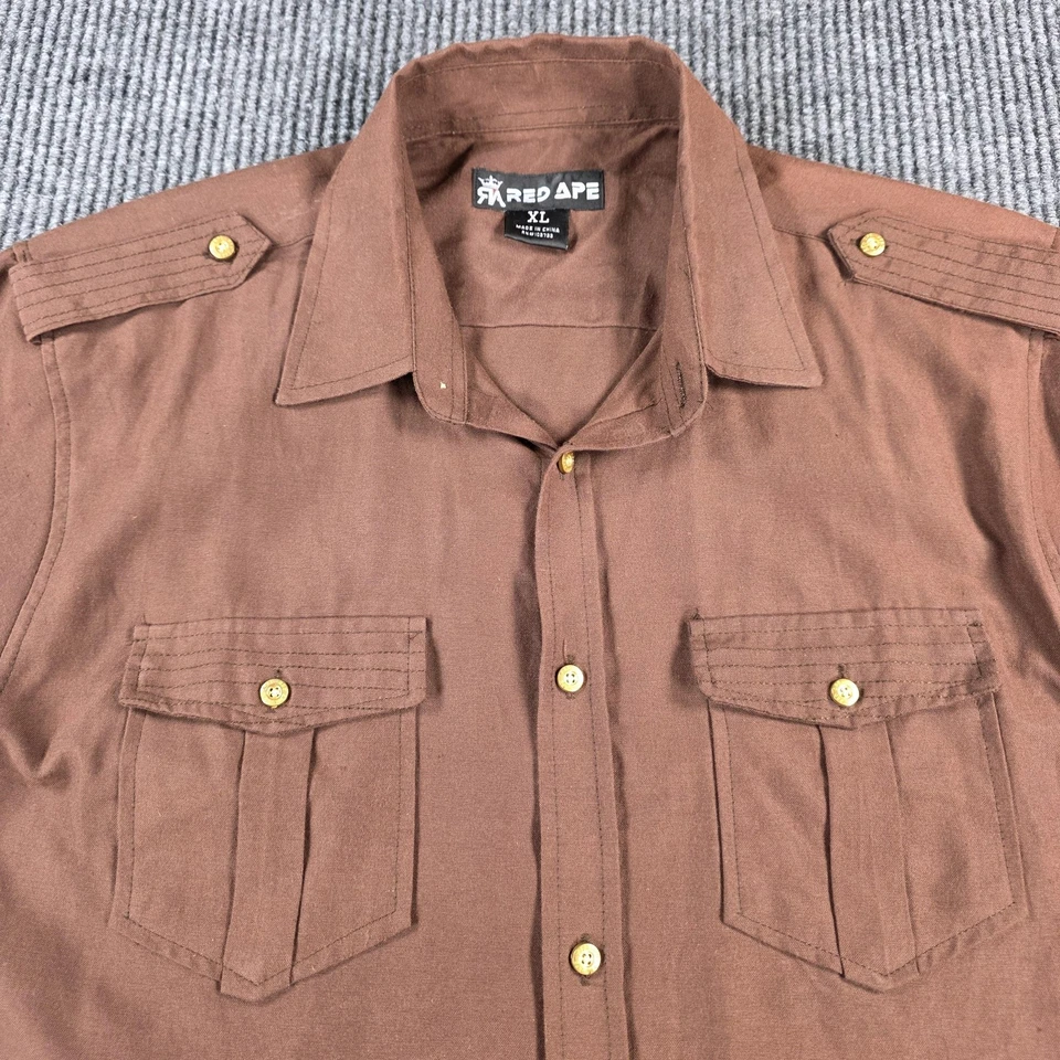 Red Ape Shirt Mens XL Brown Short Sleeve Button Up Embroidered Patch Epaulet - Image 2 of 4