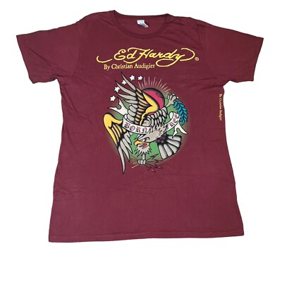 Vintage Men's Ed Hardy By Christian Audigier Maroon T-Shirt Size X