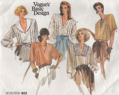 Vogue Schnittmuster 1832 Blusen mit Falten & Knopfleiste Größe 8 10 12 NEU