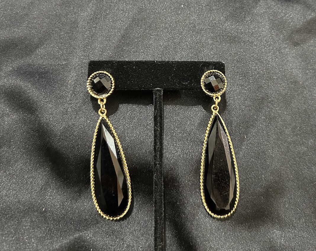 Faux Onyx Golden Drop Dangling Earrings Long Oval Evening Wear Formal Party