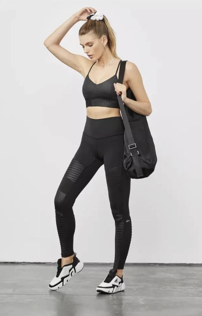 alo-yoga moto stretch faux leather mesh high waist leggings