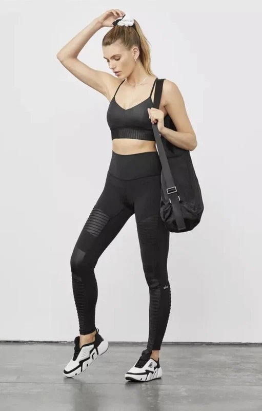 alo-yoga moto stretch faux leather mesh high waist leggings