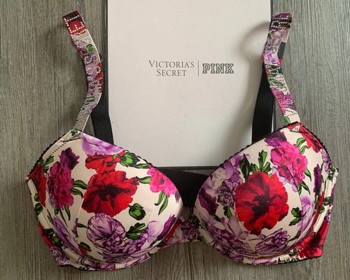 32DD Victoria Secret sehr sexy Satin Glanz Träger Push Up Blumen BH NEU