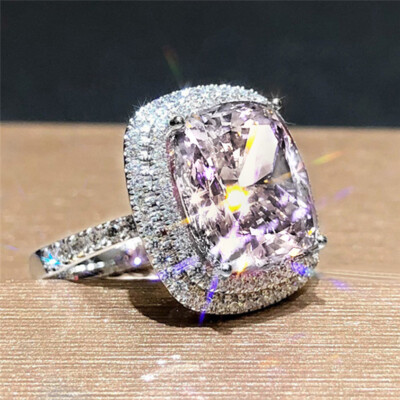 Pink Square Zircon Band Ring for Women 925 Silver Plated Wedding Rings Size 6-10