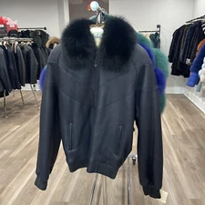 Navy Blue Nappa Lamb Shearling Bomber Jacket Black Fox Fur Collar M New 