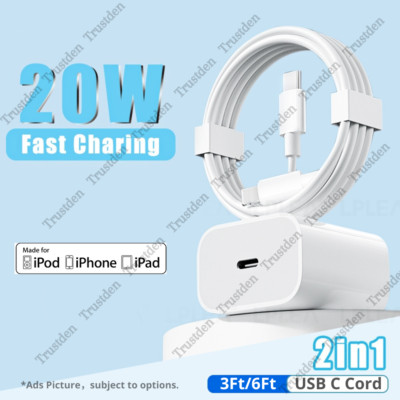 For iPhone 14 13 12 11 X iPad 20W USB C Power Adapter PD Fast Charger Cable Cord