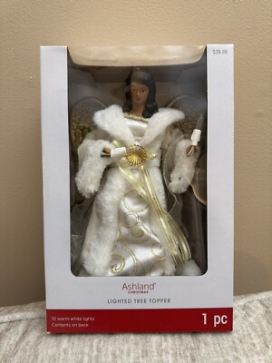 Ashland Angel Lighted Tree Topper Silver Wings Brown Skin New